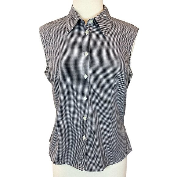 Evan-Picone Navy Gingham Sleeveless Button-Up Blouse Point Collar Size 14 - Picture 1 of 8